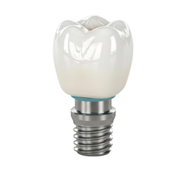 A single tooth implant with a white ceramic crown on a metal post.