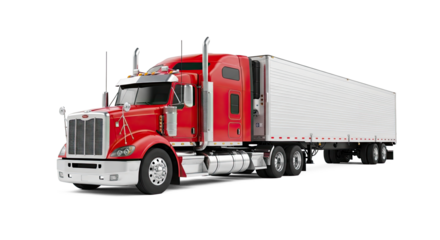 A red and white semi-truck with a trailer, parked on a white background.