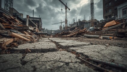 Low-angle close-up of a chaotic urban construction site with debris and concrete, featuring city street repairs and materials nearby