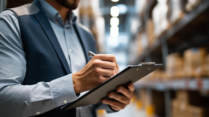 Faceless portrait of warehouse manager holding clipboard checking inventory in large distribution center, logistics supervisor documentation, storage facility inspection, defocused face, with