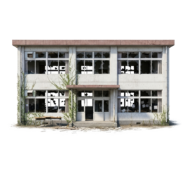 A dilapidated, abandoned building with broken windows and overgrown vegetation.