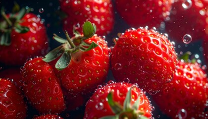 Macro shot of red strawberry skins underwater. Tiny oxygen bubbles clinging to the surface and trailing behind in a dark abyss. Refracted light, hyper-detailed textures, crisp droplets.