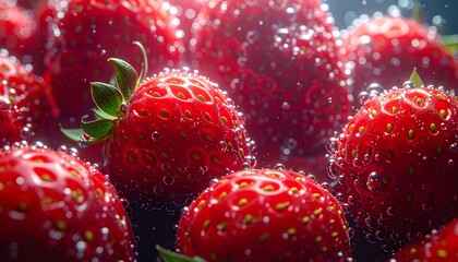 Macro shot of red strawberry skins underwater. Tiny oxygen bubbles clinging to the surface and trailing behind in a dark abyss. Refracted light, hyper-detailed textures, crisp droplets.