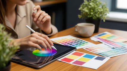 Woman using stylus on digital color picker with printed swatches on table, digital art and creative design in workspace
