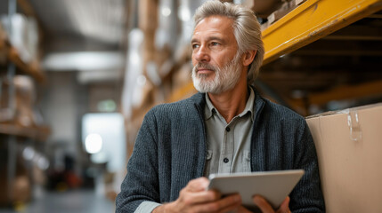 Faceless warehouse accounting and bookkeeping, middle-aged man stands in warehouse with tablet computer checking statements for presence of goods, inventory verification, defocused person, with