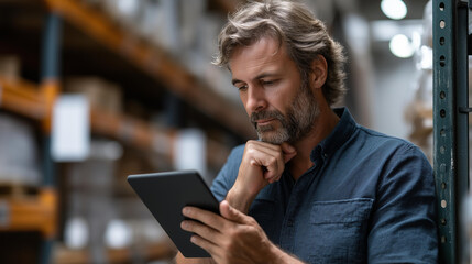 Faceless warehouse accounting and bookkeeping, middle-aged man stands in warehouse with tablet computer checking statements for presence of goods, inventory verification, defocused person, with