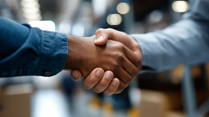 Faceless two men shake hands in warehouse, business agreement in storage facility, professional deal in distribution center, logistics partnership handshake, defocused people greeting, with copy