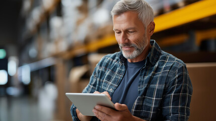 Faceless warehouse accounting and bookkeeping, middle-aged man stands in warehouse with tablet computer checking statements for presence of goods, inventory verification, defocused person, with