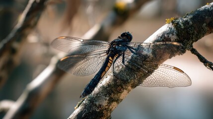 Detailed close-up of a dragonfly on a mossy branch in natural light.