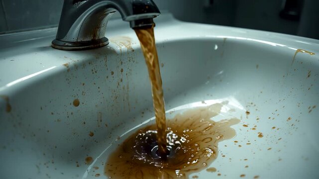 Dirty Brown Water Flowing Faucet Rusty Sink Stains Contaminated Plumbing Issue