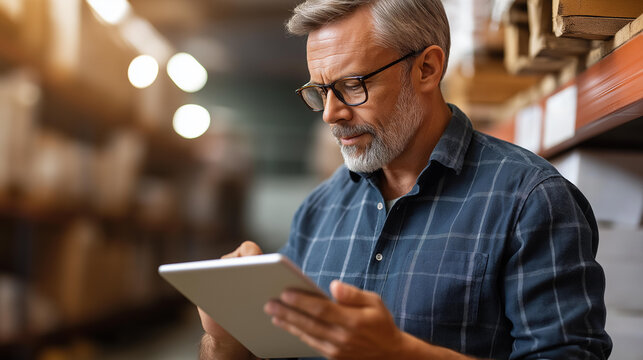 Faceless warehouse accounting and bookkeeping, middle-aged man stands in warehouse with tablet computer checking statements for presence of goods, inventory verification, defocused person, with