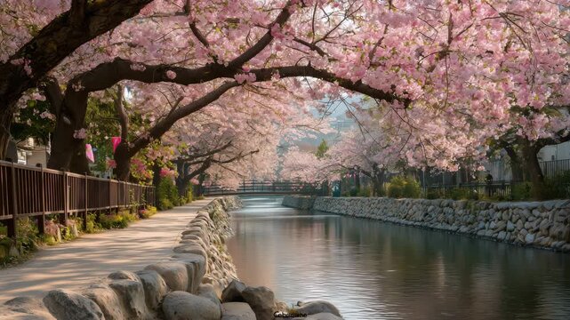 川沿いの桜並木が彩る穏やかで静かな春の風景