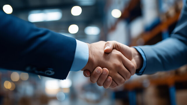 Faceless two men shake hands in warehouse, business agreement in storage facility, professional deal in distribution center, logistics partnership handshake, defocused people greeting, with copy