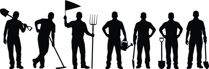 Silhouettes of people gardening with tools shovels © Olaja Vector Vision