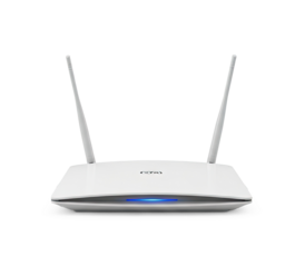 A white router with two antennas on a white background.