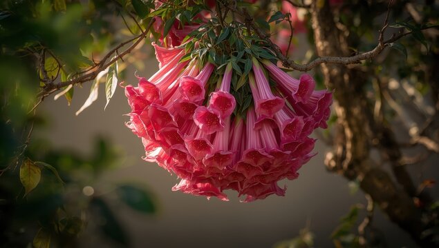large cluster of pink trumpet vine blooms in tree's shade
