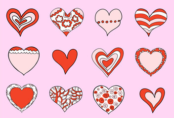 Cute hand drawn vector hearts in pink and red colors with black outlines and different patterns for Valentine's Day designs