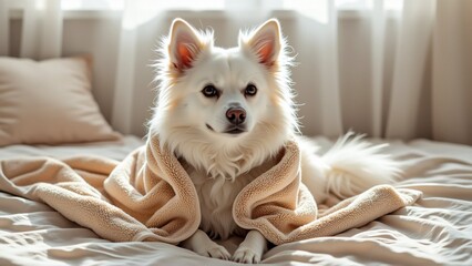 close white dog lying bed dog wrapped beige blanket looking directly camera curious expression bed has white sheets window white curtains background overall mood peaceful serene