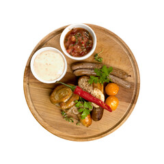 Gourmet sausage platter isolated on white background
