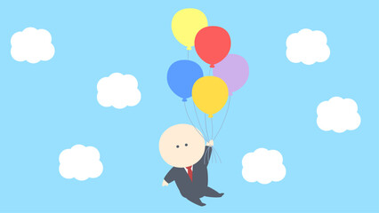 ビジネスイメージイラスト_風船を持って空を飛ぶビジネスマン