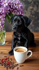 digital illustration black puppy sitting wooden table cup coffee front puppy looking directly camera curious expression next puppy vase purple lilac flowers few scattered coffee beans background