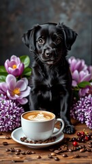 digital illustration black puppy sitting wooden table cup coffee front puppy looking directly camera curious expression its face coffee cup white heart shaped latte art design coffee beans scattered