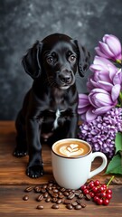 digital illustration black puppy sitting wooden table cup coffee front puppy looking directly camera curious expression coffee white mug heart shaped latte art design next mug coffee beans scattered
