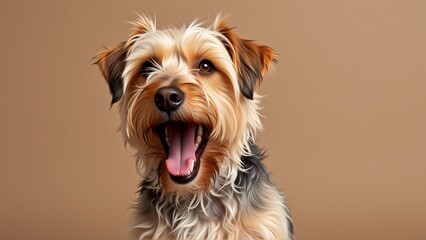 digital illustration dog face dog appears yorkshire terrier long shaggy coat fur covering its body its head turned slightly side its mouth open wide showing its tongue its eyes dark alert has curious