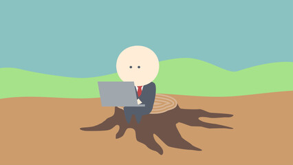 ビジネスイメージイラスト_切り株の上に座って仕事するビジネスマン