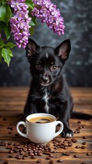 photograph small black dog sitting wooden table cup coffee front dog appears chihuahua similar breed short floppy ears black coat looking directly camera curious expression coffee cup white has