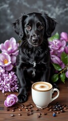 digital illustration black labrador retriever puppy sitting wooden table cup coffee front puppy looking directly camera curious expression background dark grey color few pink purple flowers scattered