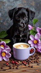 digital illustration black puppy sitting wooden table cup coffee front puppy looking directly camera curious expression coffee cup white heart shaped latte art design surrounding puppy scattered