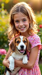 portrait young girl blonde hair smiling camera she wearing pink dress white polka dots holding small beagle puppy her arms puppy brown white black color looking directly viewer its tongue hanging out