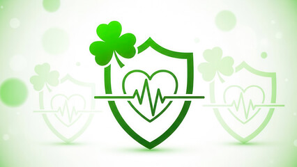 Shield icon with heart and pulse line, green shamrock accent on white background, Saint Patrick's Day trust and medical protection concept