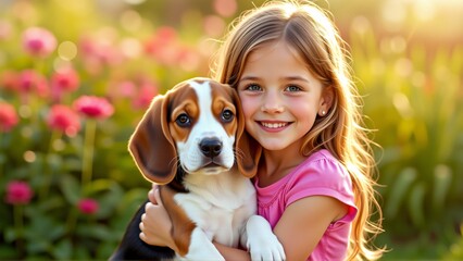 portrait young girl blonde hair wearing pink shirt hugging beagle puppy girl smiling looking camera puppy brown white black nose ears background blurred appears garden pink flowers greenery overall