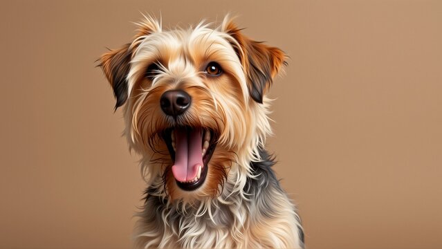 digital illustration dog face dog appears yorkshire terrier long shaggy coat fur covering its body its head turned slightly side its mouth open wide showing its tongue its eyes dark alert has curious