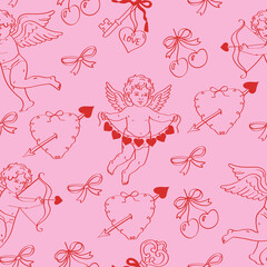 Seamless coquette pattern with hand-drawn hearts, Cupid, cherries, ribbons and bows on a pink background. Romantic preppy vector design for Valentine&rsquo;s Day, fabric prints, wallpaper and wrapping paper