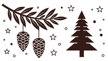 A festive illustration of a pine tree and pine cones on a beige background