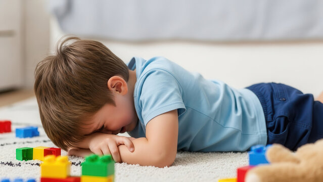 Upset child lying face down crying on bedroom floor, emotional distress and childhood emotions