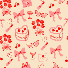 Coquette seamless pattern with hand drawn hearts, cake, glasses of champagne, roses, glasses, lipstick, gift and bows. Preppy for Valentine's day,  prints, fabric, wallpaper or wrapping paper