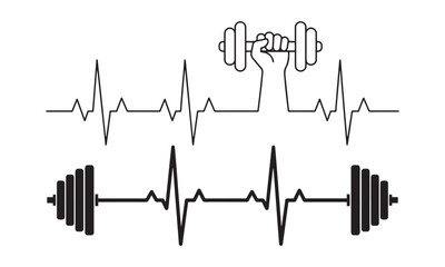 Fitness Heartbeat Line Art with Dumbbells Dynamic Workout Pulse ECG Vector Graphic for Gym, Health and Strength Motivation