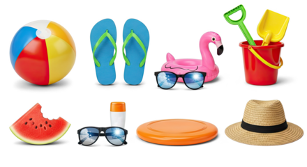 A colorful collection of beach-related items including a beach ball, flip flops, sunglasses, a bucket, a frisbee, a watermelon, a hat, and a shovel.