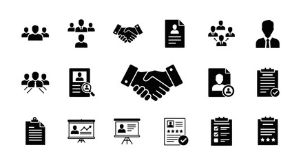 Comprehensive Business and Human Resources Icon Set for Recruitment, Teamwork, and Professional Development, Featuring Flat Vector Symbols of Collaboration and Employment Management