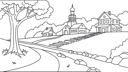 A serene cartoon village with a church and houses by a stream