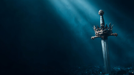 Medieval sword with ornate crown shaped hilt standing upright in dark misty environment with dramatic light beams creating mysterious atmosphere