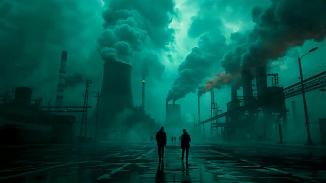 Silhouetted People Industrial Factory Smokestacks Toxic Fog Green Pollution Scene