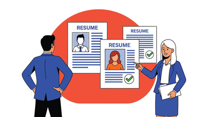 A businesswoman and man reviewing resumes in a professional setting.