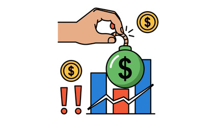 A hand holding a green money bomb with a dollar sign over a graph