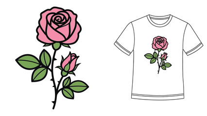 A pink rose and a white t-shirt with a rose design on it