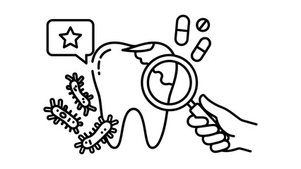 A cartoon illustration of a tooth with bacteria and a magnifying glass
